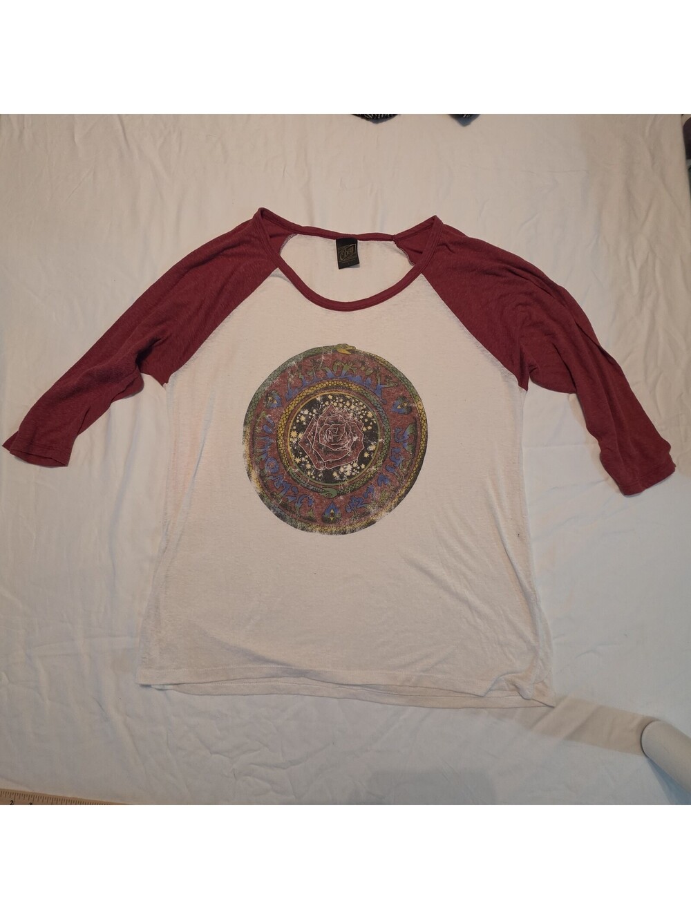 OBEY Raglan T Shirt Large Rose Snake Mandala 3/4 Sleeve Burgundy Vtg Made in USA